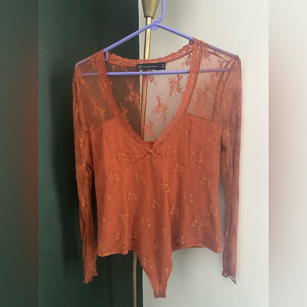 New York & Company Lace V-Neck Body Suit - Rust